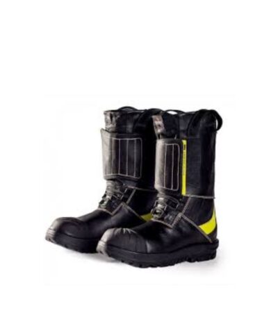 Pair of black waterproof safety boots with steel toe and slip-resistant sole on wet surface
