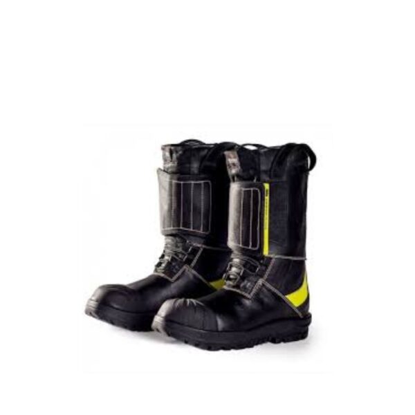 Pair of black waterproof safety boots with steel toe and slip-resistant sole on wet surface