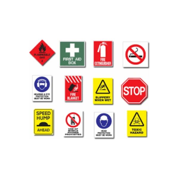 Bright yellow warning sign with bold black text and hazard symbol for workplace safety