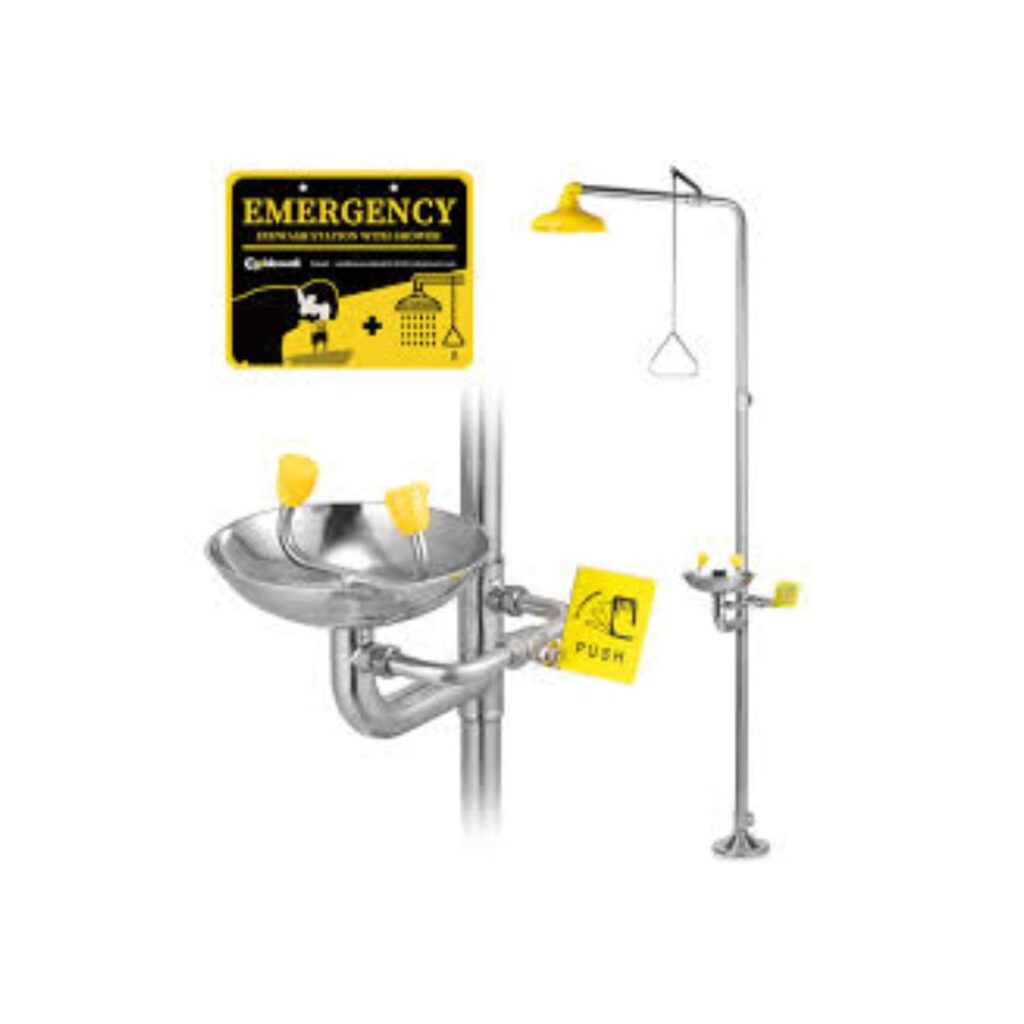 Emergency eyewash station with dual nozzles and mounted water tank