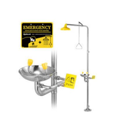 Emergency eyewash station with dual nozzles and mounted water tank