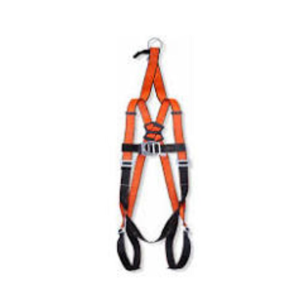 Construction worker wearing full-body safety harness with secure anchor connection