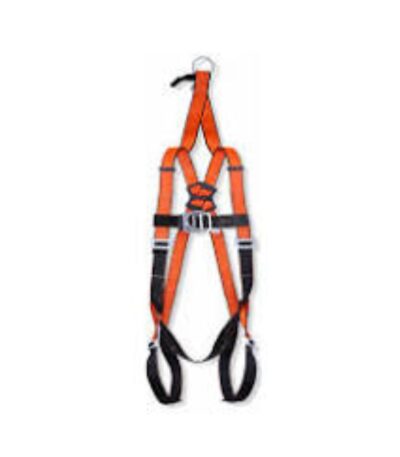 Construction worker wearing full-body safety harness with secure anchor connection