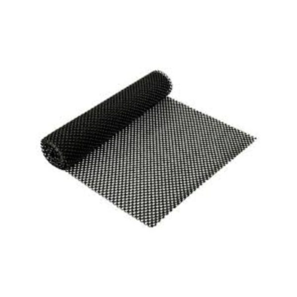Black anti-slip floor mat with textured surface placed at industrial entryway
