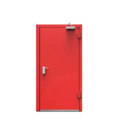 Heavy-duty fire-rated door with panic bar installed in commercial building hallway