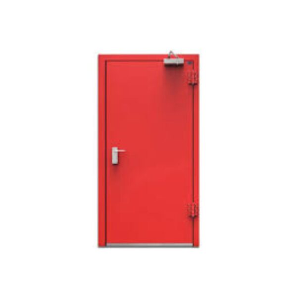 Heavy-duty fire-rated door with panic bar installed in commercial building hallway
