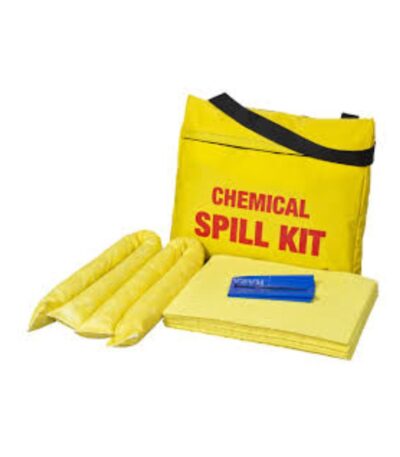 Complete chemical spill kit with absorbents, gloves, goggles, and disposal bags