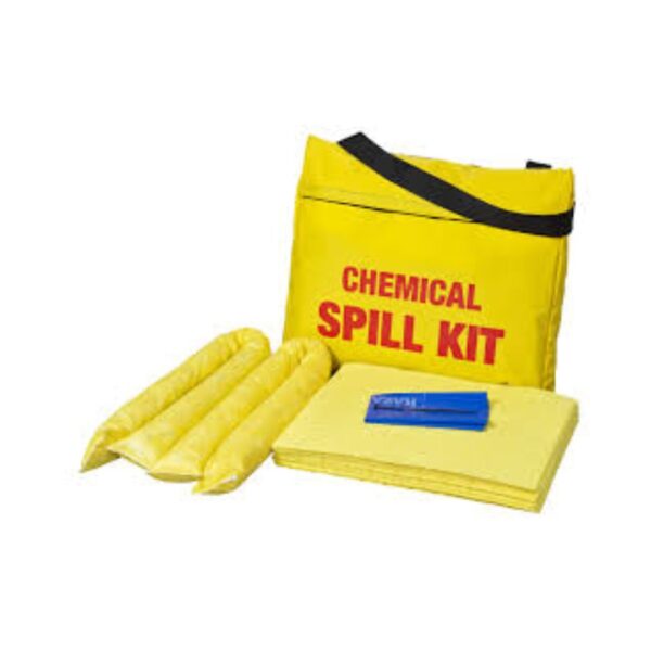 Complete chemical spill kit with absorbents, gloves, goggles, and disposal bags
