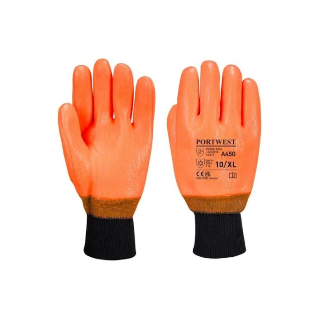 Pair of neon yellow high-visibility gloves with reflective strips for work safety