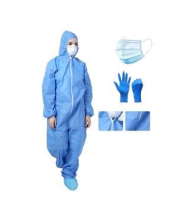 Complete PPE kit including gloves, mask, goggles, coveralls, and face shield