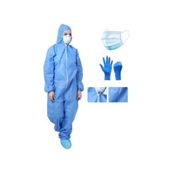 Complete PPE kit including gloves, mask, goggles, coveralls, and face shield