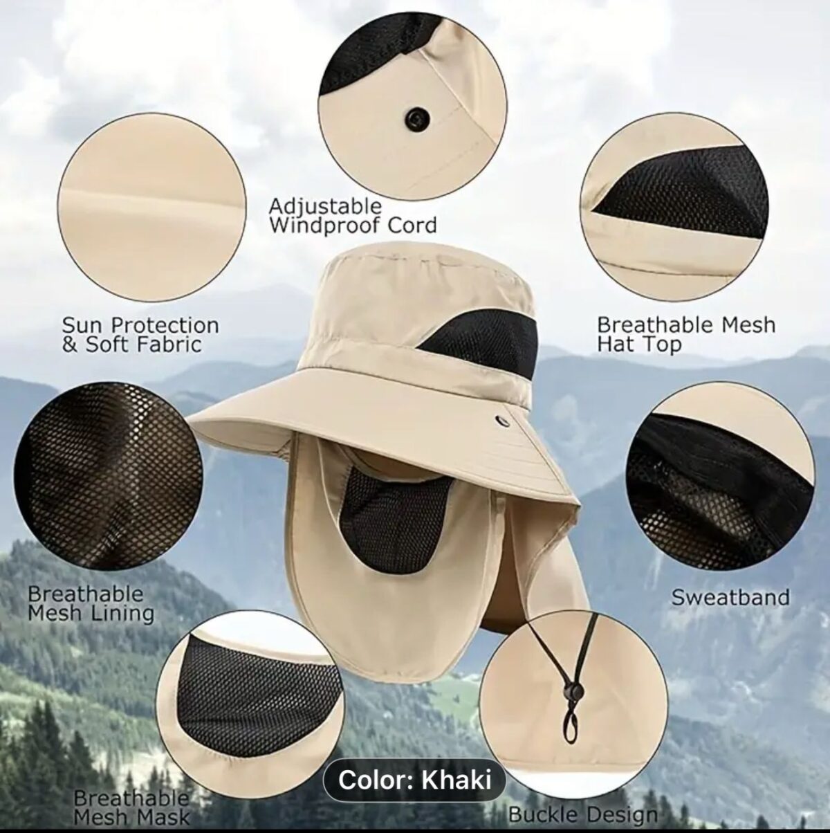 Khaki sun protection hat with wide brim and chin strap for outdoor UV safety