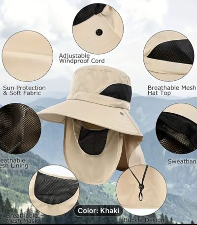 Khaki sun protection hat with wide brim and chin strap for outdoor UV safety