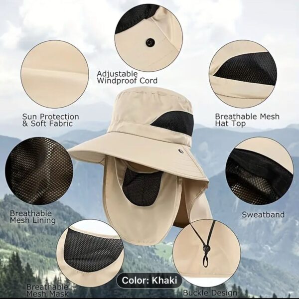 Khaki sun protection hat with wide brim and chin strap for outdoor UV safety