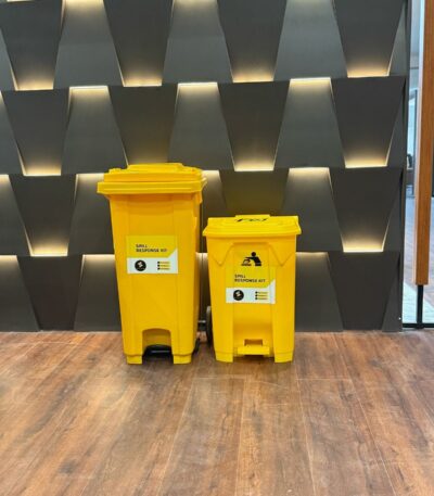 Complete spill response kit with absorbents, gloves, goggles, and disposal bags