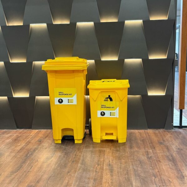 Complete spill response kit with absorbents, gloves, goggles, and disposal bags